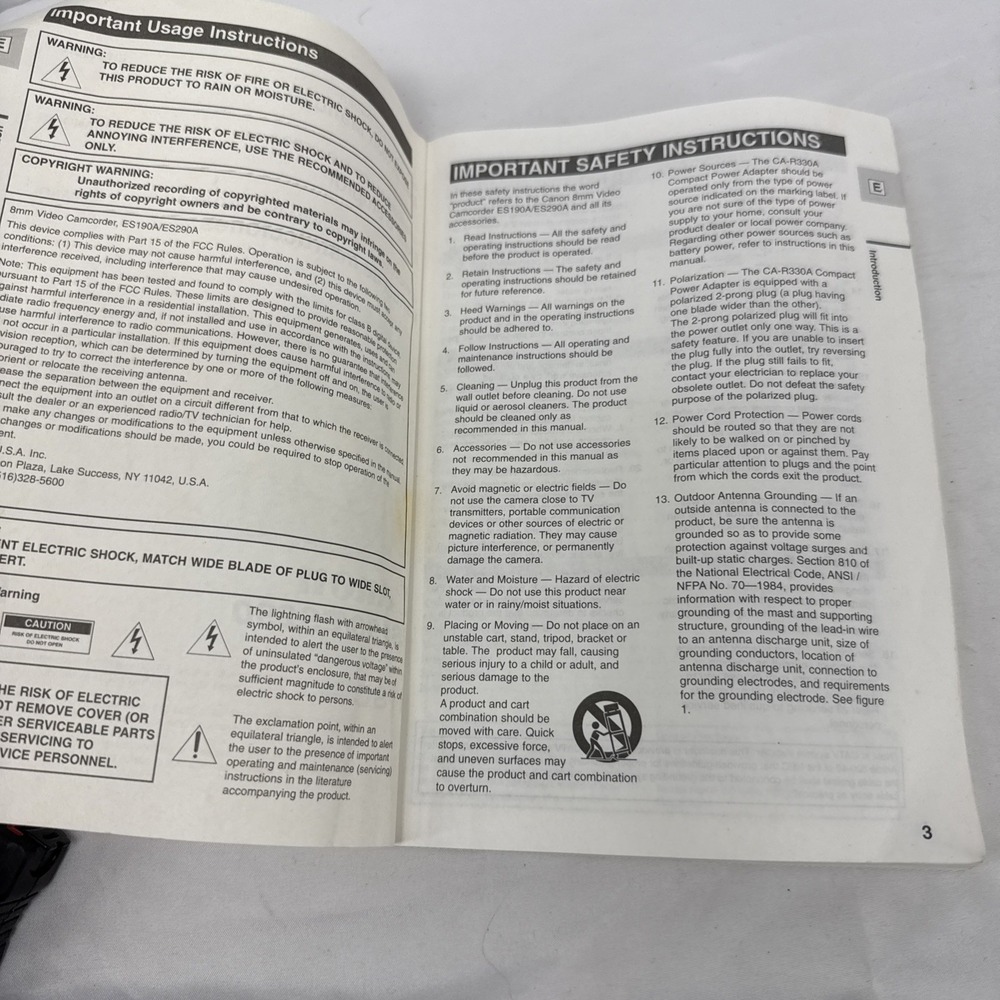 Canon ES190/ES29. 8mm Video Camcorder Instruction Manual, English French Spanish - Picture 3 of 5